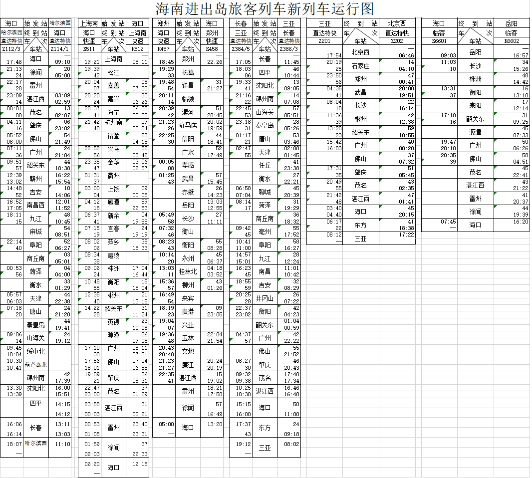 海南动车时刻表全新介绍